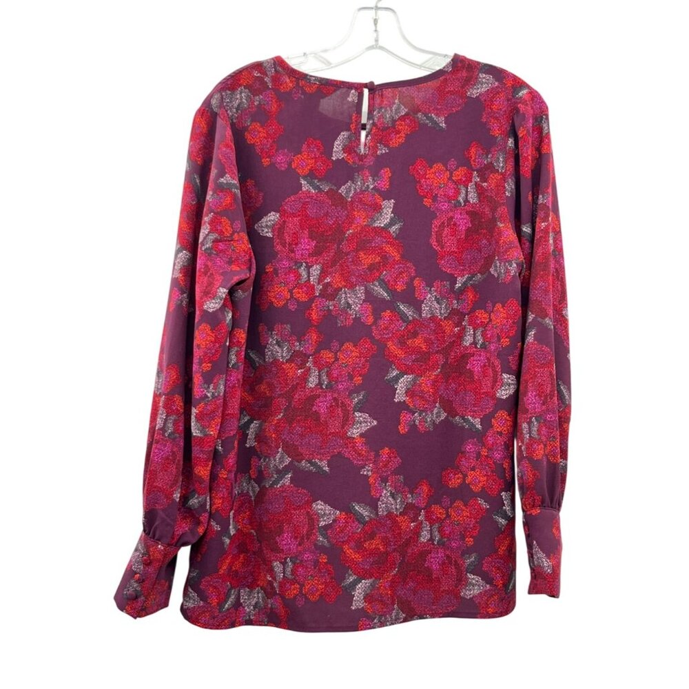 Christopher & Banks Women’s Blouse S Burgundy Floral Long Sleeve NEW - Picture 2 of 15